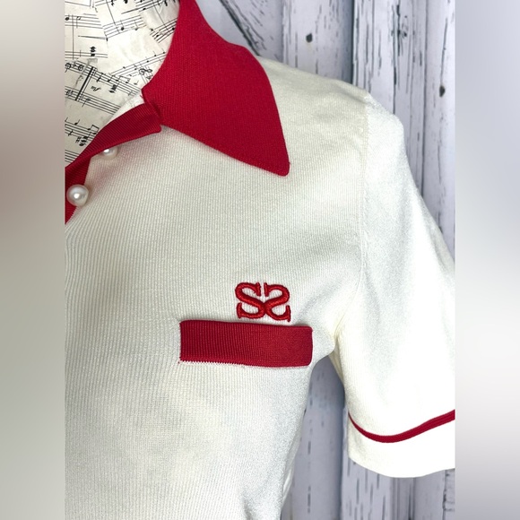 Sandro Irene Knit Contrast Stripe Polo Dress  Cream/Red 42 (US10) - Picture 5 of 12